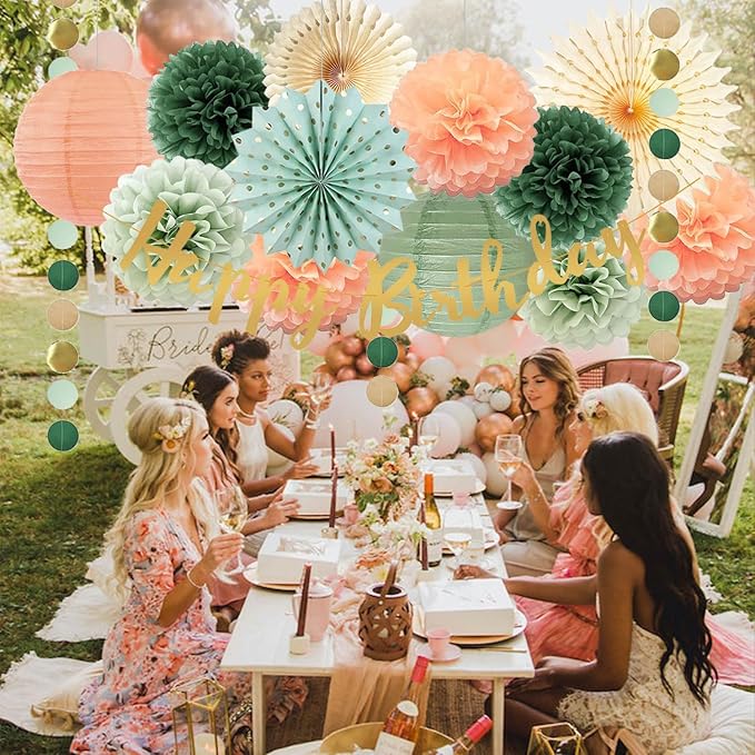 Sage Green and Peach Birthday Decorations - Olive Peach Tissue Paper Pom Poms, Hanging Paper Fans & Lantern, Gold Happy Birthday Banner for Olive Sage Green Peach Bday Baby Shower Decorations