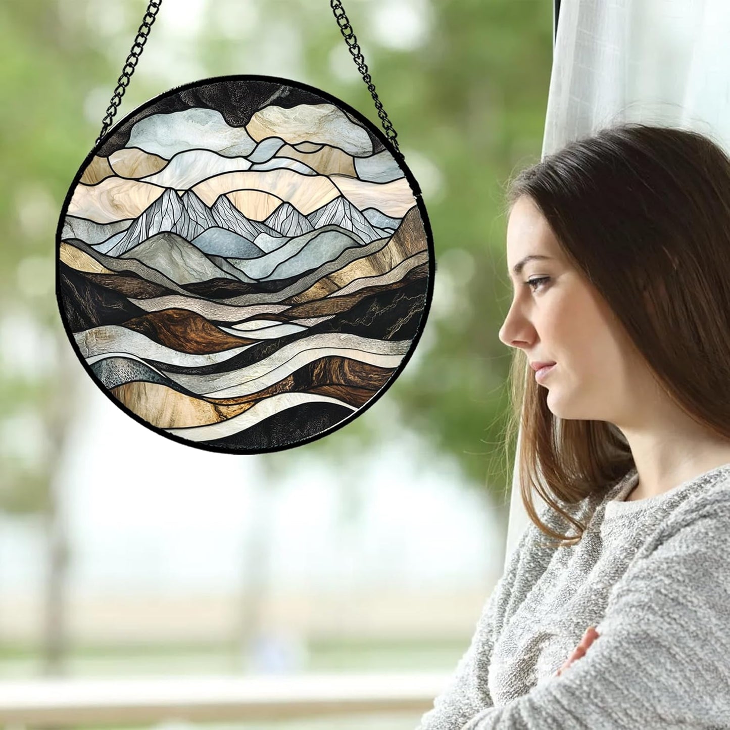 Stained Glass Window Hanging - Grey Mountains Landscape Suncatcher for Doors Garden Patio Retro Sun Catchers Decor Christmas Mother's Day Birthday Gifts for Women Men Mom Nana Friend 7.8 in