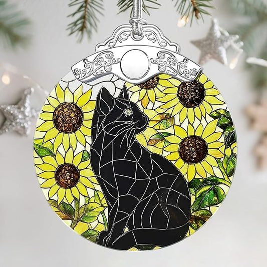 Stained Glass Ornament, Christmas Ornament, Hanging Ornaments for Home Decor & Christmas Tree Ornaments – Exquisite Holiday Decor, Cat Lovers Gifts, Xmas Gifts & Holiday Present - Black Cat
