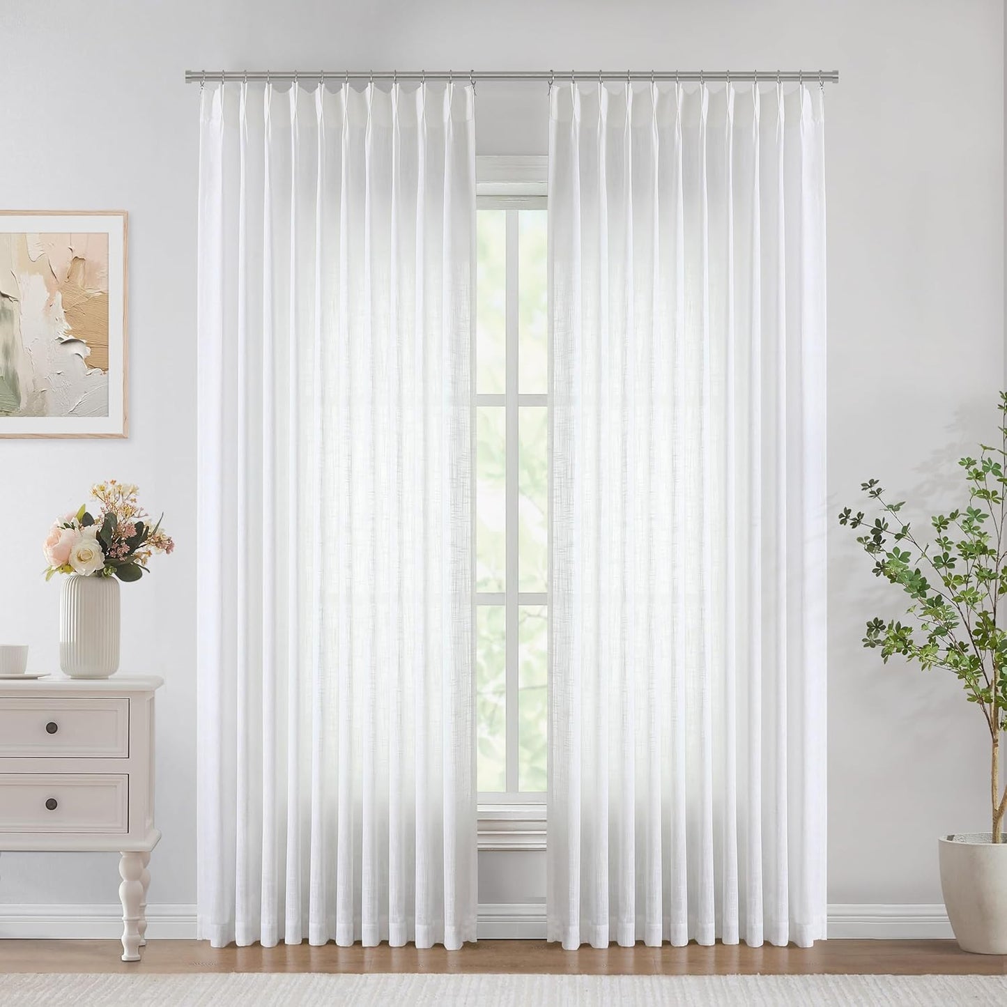 Vision Home White Pinch Pleated Semi Sheer Curtains Textured Light Filtering Window Curtains 84 inch for Living Room Bedroom Patio Rayon Blended Pinch Pleat Drapes with Hooks 1 Panel 60" Wx84 L
