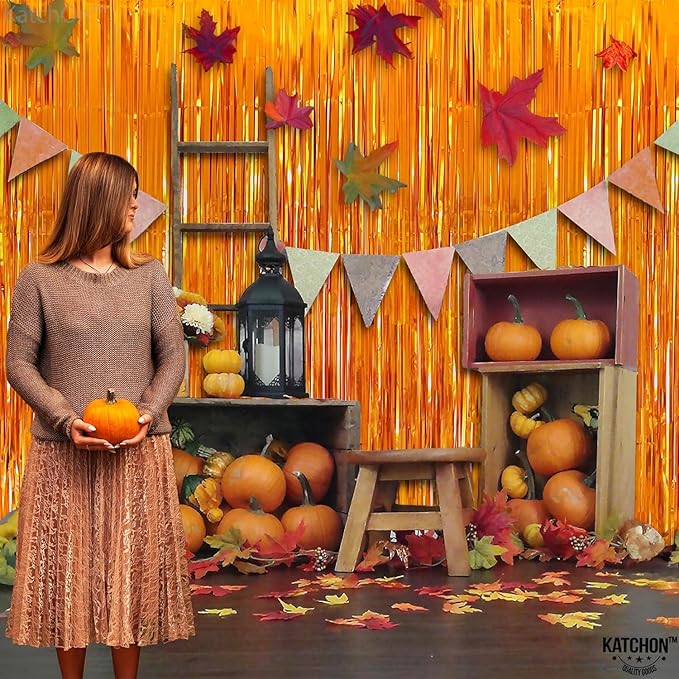 KatchOn, XtraLarge Orange Fringe Backdrop Curtain - 3.2x8 Feet, Pack of 2 | Orange Streamers for Christmas Decorations | Basketball Party Decorations, Birthday Decorations |