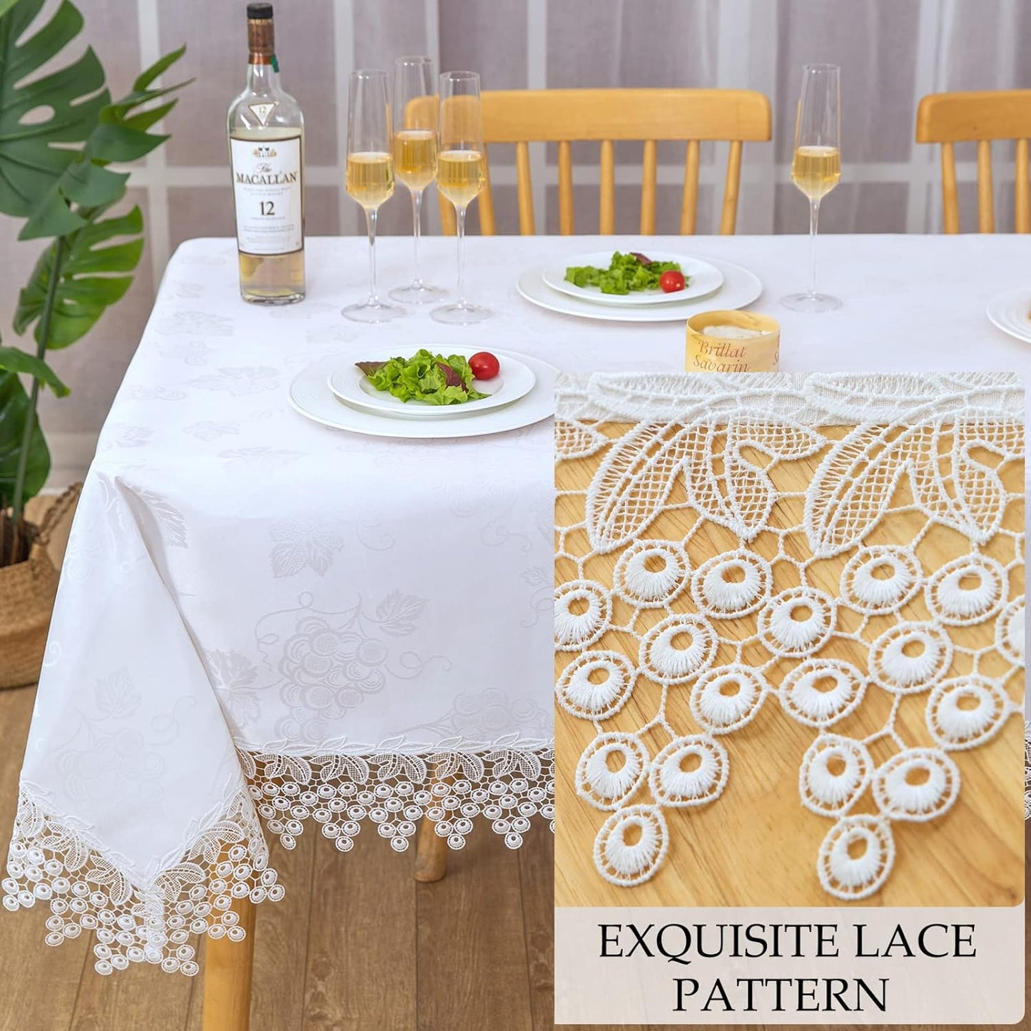 White lace Premium Rectangle Farmhouse Table Runner Waterproof OilProof SpillProof AntiShrink Soft Wrinkle Resistant Decorative Fabric Table Cover Kitchen Dinning Party Wedding Banquet