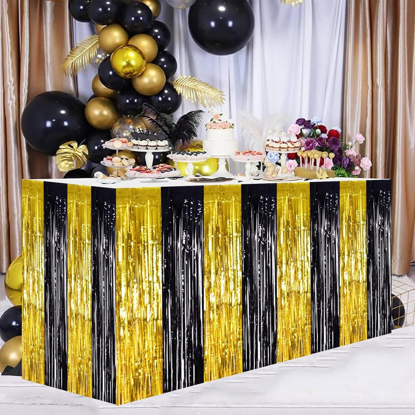 BEISHIDA 2 Pack Black Gold Table Skirts Party Decorations Metallic Tinsel Foil Fringe Decors for Rectangle and Round Table Birthday Retirement Anniversary Graduation Congrats 2026 Party