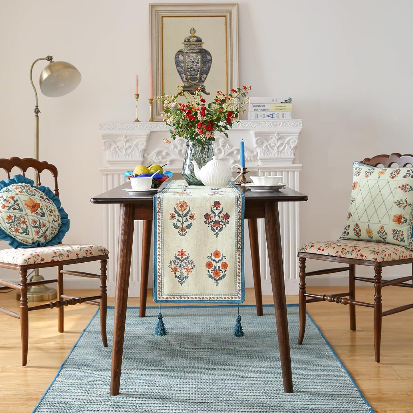 ISAENNE Designer Light Green Linen Extra Long Table Runner 118 Inches,French Floral Patterns Elegant Table Runner for Dining Tables,Thanksgiving,Kitchen Tables,Christmas,12"*118"-Floralsea B