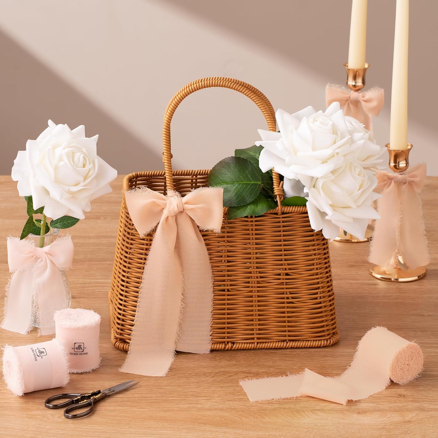 DORIS HOME Pink Chiffon Ribbon for Flower Bouquet, 2" x21Yd Fabric Ribbon for Gift Wrapping, Handmade Frayed Ribbon for Wedding, Chiffon Silk Ribbon for Christmas Decorations