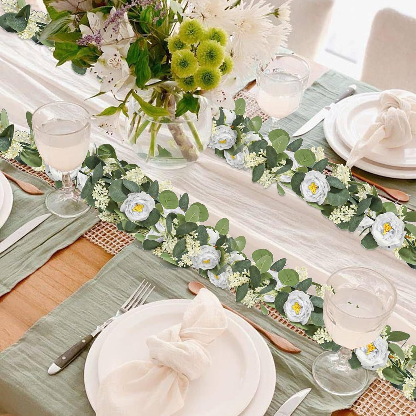 MAKHOT 2Pack White 6.6Ft Artificial Eucalyptus Garland with Flowers, Fake Rose Gypsophila Vine Rose Garlands Decor, Floral Flower Greenery Garland for Wedding Home Table Decor (White)