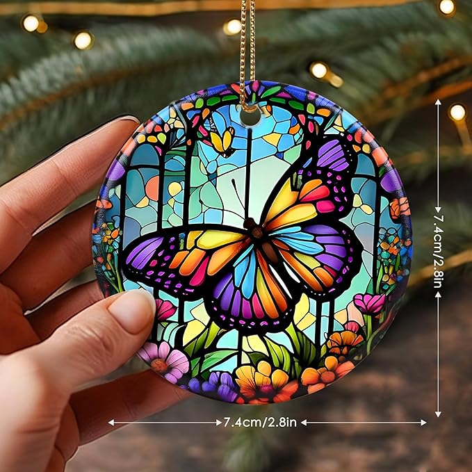 Touber Stained Ceramic Butterfly Ornament - Butterfly Christmas Ornaments - Christmas Tree Ornaments - Christmas Decorations - Butterfly Decor for Office, Room, Home - Holiday Present Ideas - A