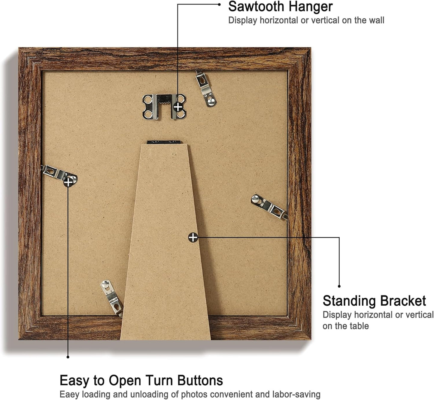 8x8 Picture Frame Set of 4 with HD Glass, Display 6x6 Pictures with Mat or 8 x 8 Without Mat, Rustic Wood Photo Frame for Wall Mount and Tabletop Display