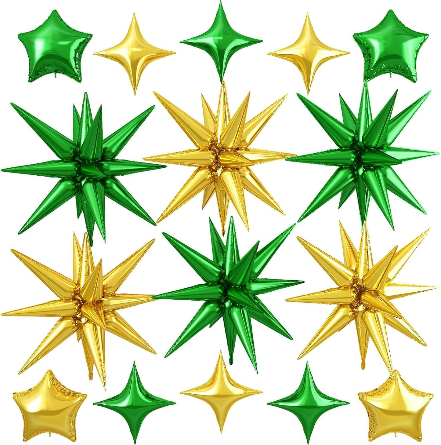 Gold Green Star Balloon,16Pcs Star Foil Balloons Set with 22Inch Explosion Spike Cone Balloons and 10Inch Quadrangle Helium Balloon for Birthday Wedding Baby Shower Party Decorations