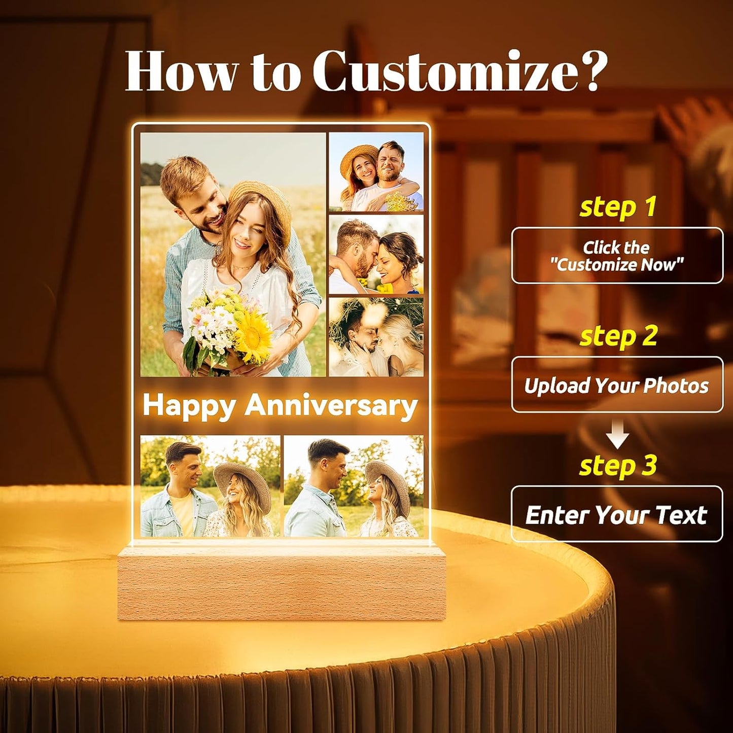 Custom Picture Frames with Photos, Personalized Photo Frame with Night Light, Customized Gifts for Couples, Personalized Anniversary Birthday Gifts for Women Men Her Him Boyfriend Girlfriend