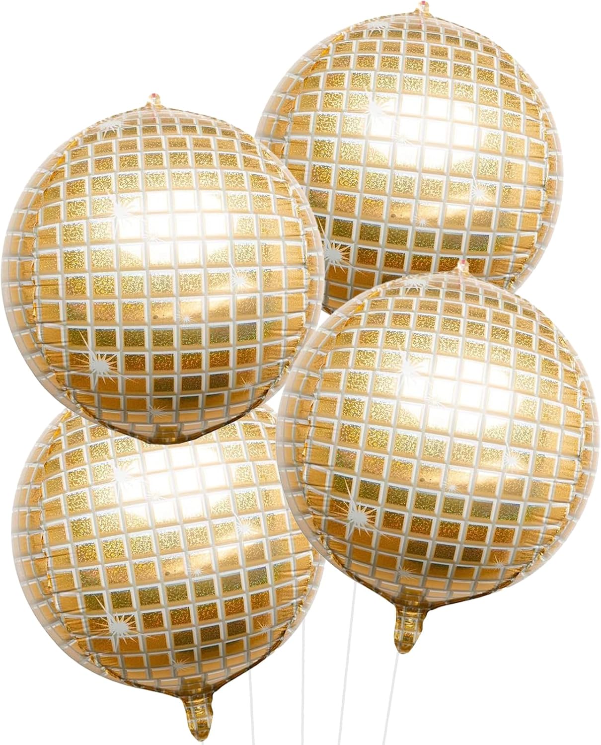 Disco Ball Balloons 4PC,Foil Disco Balloons 22 Inch 4D Round White Gold Balloon for 70s 80s Birthday Bachelorette Graduation Decorations