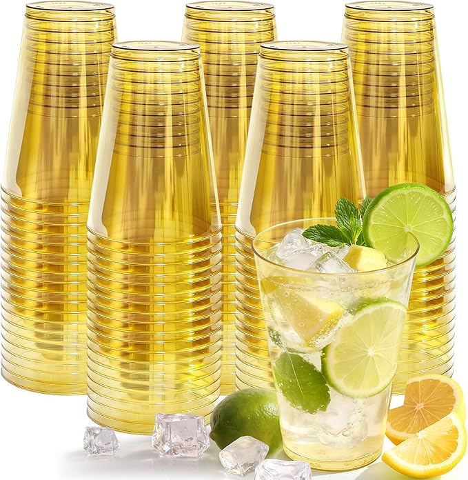 100 Pack Plastic Cups Disposable 12 oz Gold Clear Plastic Cup for Cocktail Party Cups, Drinking Cups for Birthdays, Weddings, Christmas,Graduation,Thanksgiving