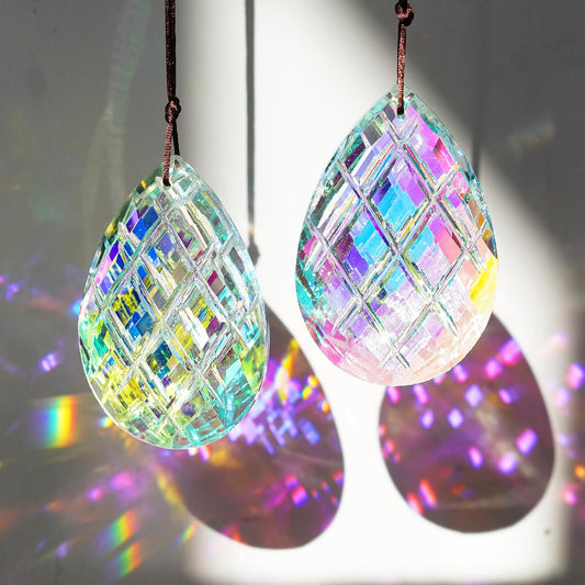 HDCRYSTALGIFTS Set 2 Crystal Sun Catcher Prisms Pendant for Window Hanging Decor,3inch AB Colored Crystal Suncatchers Rainbow Maker Light Catcher for Home Indoor Garden Ornament