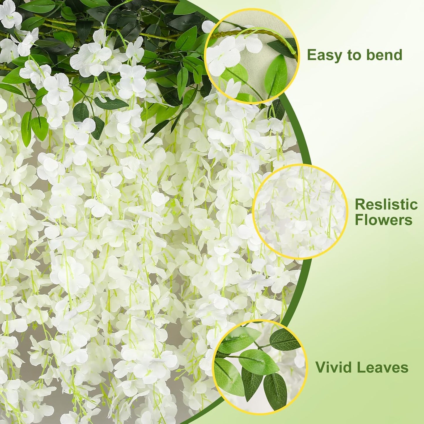 Wisteria Artificial Flowers Garland，6Pcs Total 36ft Silk Fake White Wisteria Flowers Hanging for Home Garden Wedding Arch Party Indoor Outdoor Decor