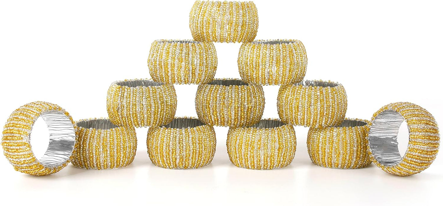 Decorative Beaded Napkin Rings Set of 12 - Rhinestone Serviette Holder for Table Décor, Christmas, Thanksgiving, Weddings, Parties, Artisan Festive Luxury Dining Napkin Holders (Yellow) - CLEENTABLE