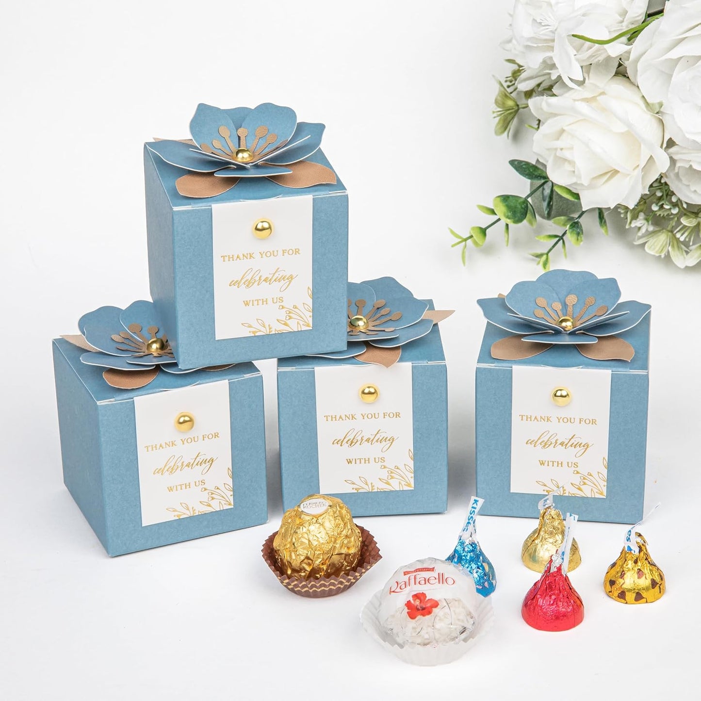 FEIYI 20 PCS Favor Boxes, 3 In 1 Dusty Blue Candy Boxes with Floral Decor, White Thank You Tags Gold Foil Print Gift wrapping for Wedding, Baby Shower, Birthday, Decorations Party - 2.55x2.55x2.55