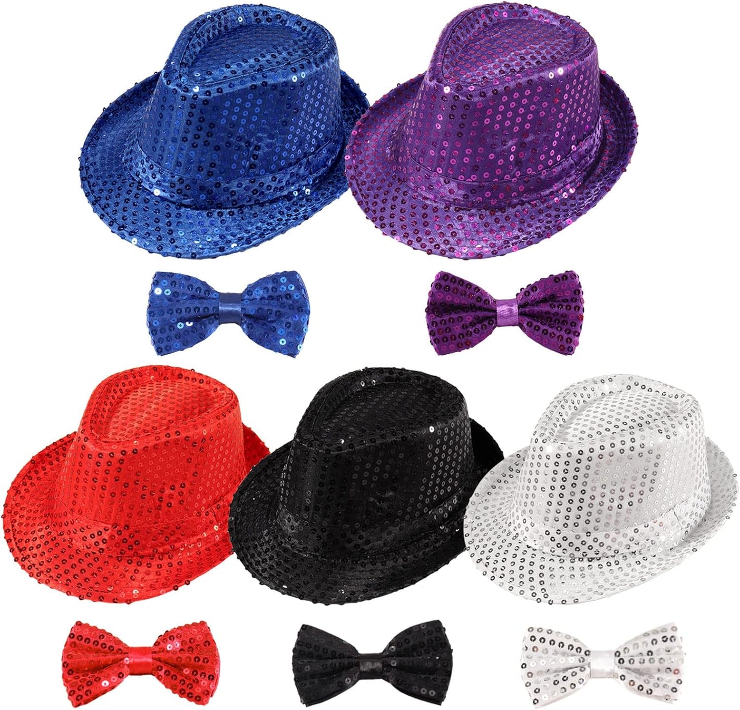 10 Pcs Unisex Sequin Fedora Hat Sequin Bow Ties Set Bling Retro Dance Jazz Cap Funky Party Costume Fedora