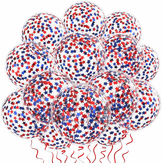 VHUWE 25 Pcs Blue Red Star Confetti Balloons, 12 Inch Clear Latex Balloon with Confetti Inside for 4th of July Decorations Birthday Party Baby Shower Graduation Engagement Decorations Supplies