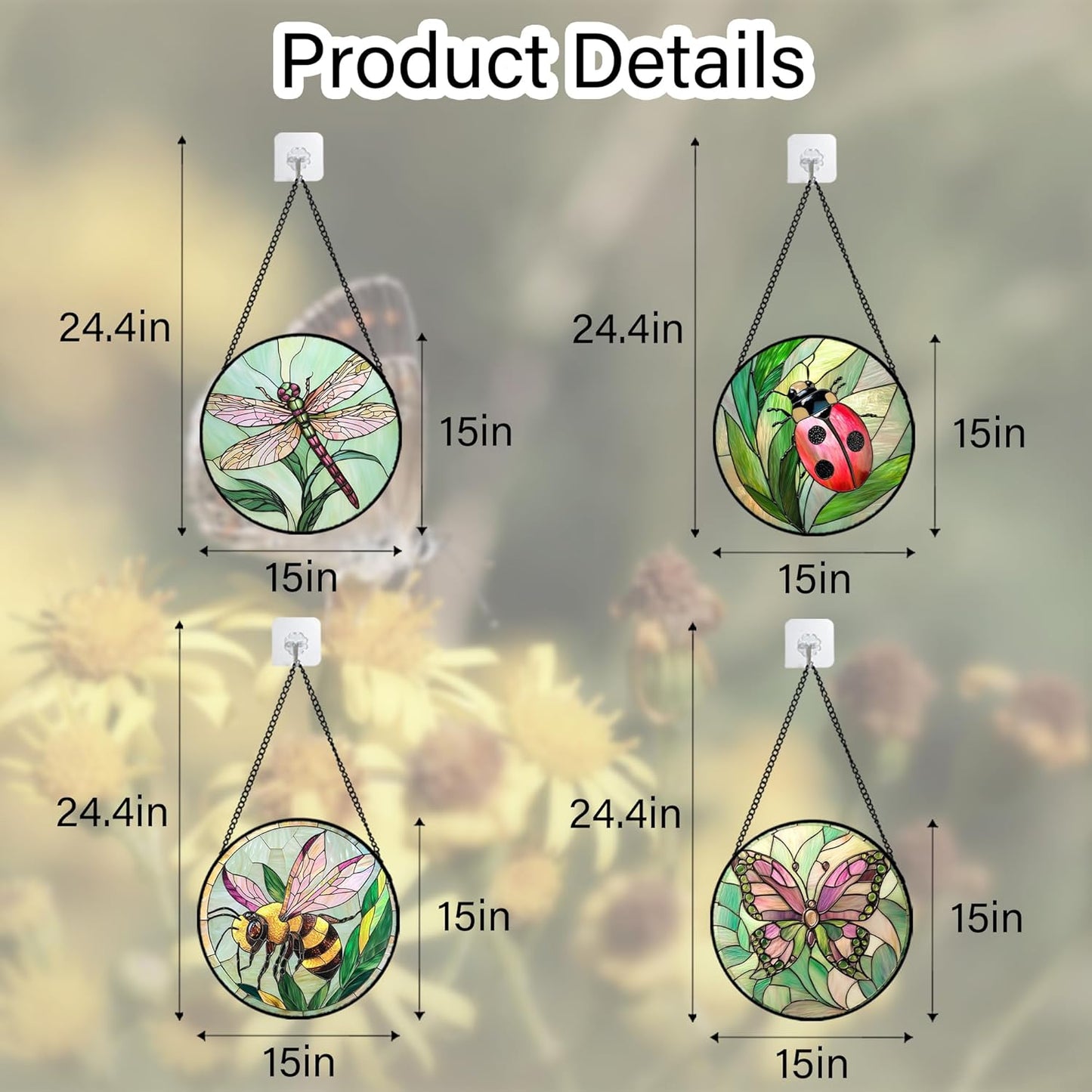 Stained Glass Window Hanging 4 Pcs Set Pink Green Insect Theme Large 15" - Butterfly Suncatcher Door Garden Sun Catcher Decor Birthday Christmas for Mom Woman Nana Men