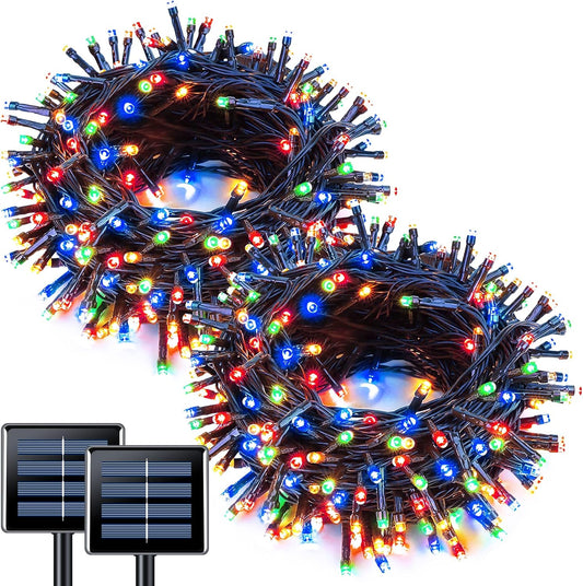JMEXSUSS 2 Pack Solar String Light 100LED 32.8ft 8 Modes Solar Christmas Lights Waterproof for Gardens, Wedding, Party, Homes, Christmas Tree, Curtains, Outdoors (Multicolor)