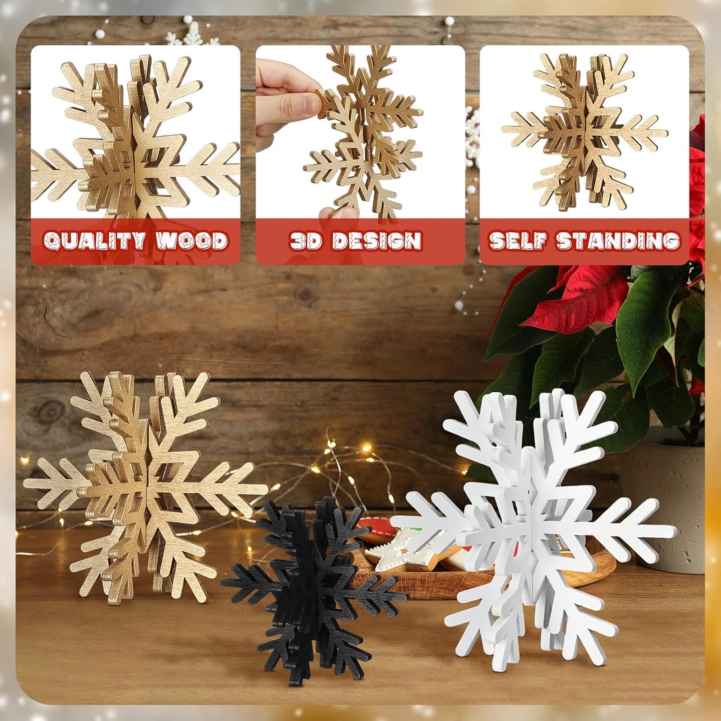 Bucherry 12 Pcs Wooden Snowflake Table Decor 3D Snowflake Tabletop Signs and Centerpiece for Christmas Xmas Winter Wonderland Decorations Home Party(White, Gold, Black)