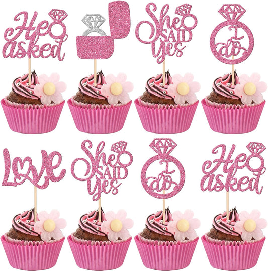 30 PCS He Asked She Said Yes Cupcake Toppers Diamond Ring Cupcake Picks Love I Do Cake Picks for Wedding Enaggement Bridal Shower Party Cake Decorations Supplies Pink