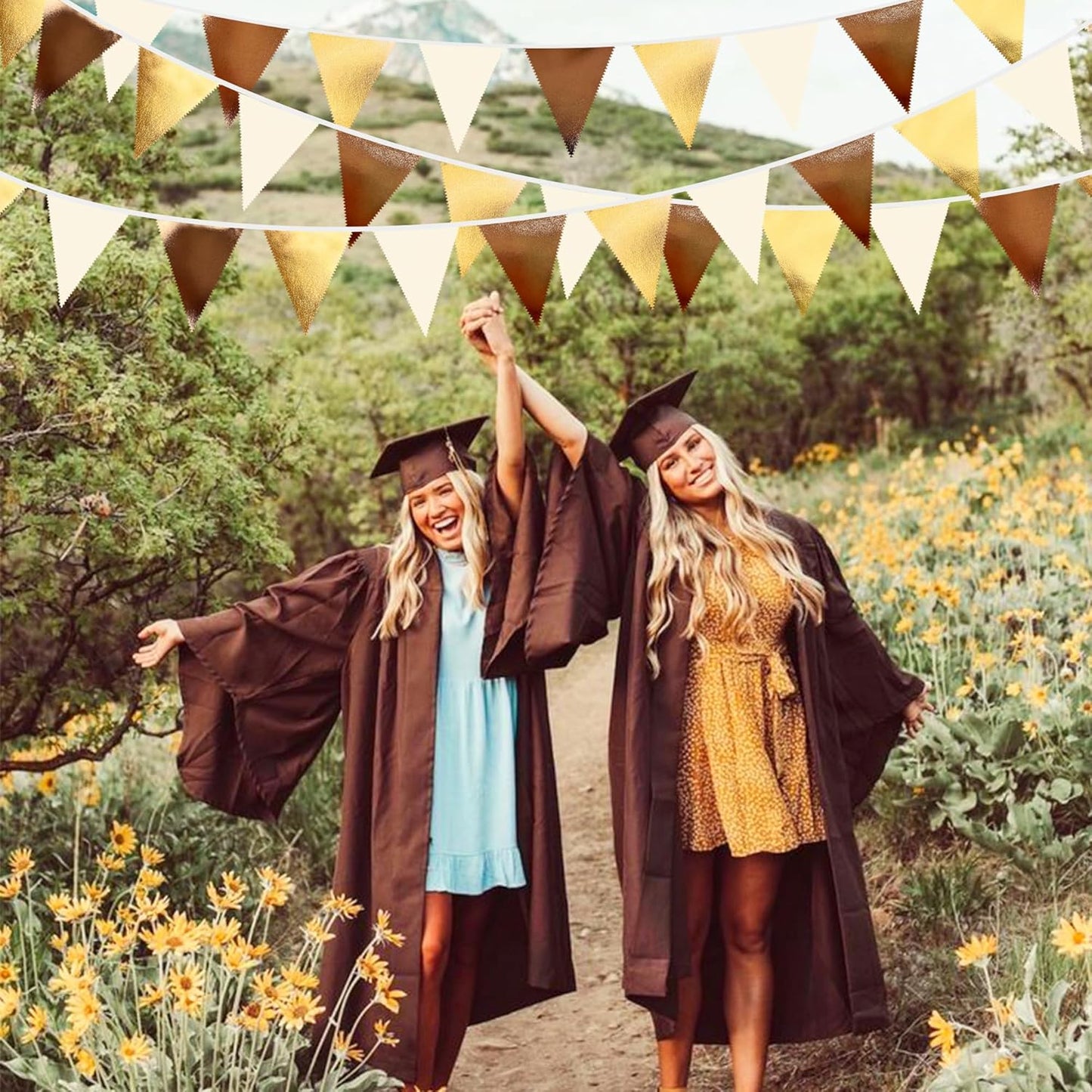 Brown Beige and Gold Party Decorations Fabric Triangle Pennant Banner Flag Bunting Garland for Boho Neutral Rustic Cowboy Western Teddy Bear Birthday Baby Shower Graduation Engagement Party Supplies