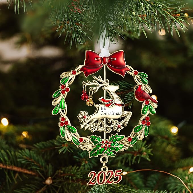 Christmas Tree Ornament Metal Silver Hanging Rotatable Design Charm Holiday Decorative Pendant Gift Keepsake (2025 Deer & Golden)
