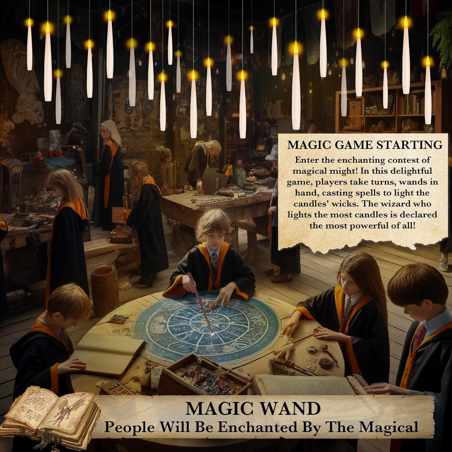 NURADA Floating Candles with Wand Remote Timer - 24 Pcs Magic LED Hanging Flameless Taper Candles Flickering Battery Operated for Halloween Birthday Theme Party Holiday Home Window Decor - White