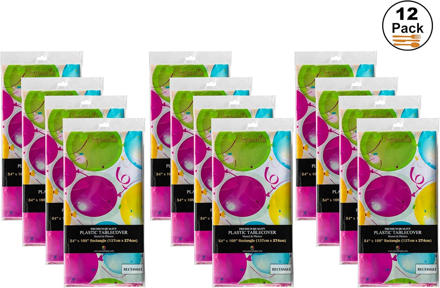 Party Solids 12 Pack Premium Quality Balloon Design Plastic Tablecloth - 54 Inches by 108 inches of Fabulous Rectangle Birthday Tablecloth with Balloon Design for 8 Foot Party Table…