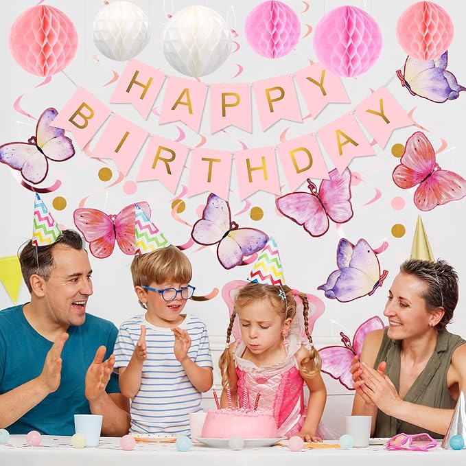 meowtastic Birthday Decorations, Happy Birthday Banner with Honeycomb Balls, Butterfly Hanging Swirl Streamers, Circle Dots Garland, Happy Birthday Party Decorations for Women Men Boys Girls (Pink)