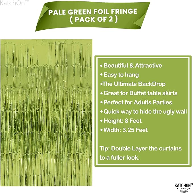 KatchOn, XtraLarge Sage Green Foil Fringe Curtain - 3.2x8 Ft, Pack of 2 | Sage Green Backdrop for Wild One Birthday Decorations | Streamer Backdrops for Jungle, Safari, Dinosaur Party Decorations