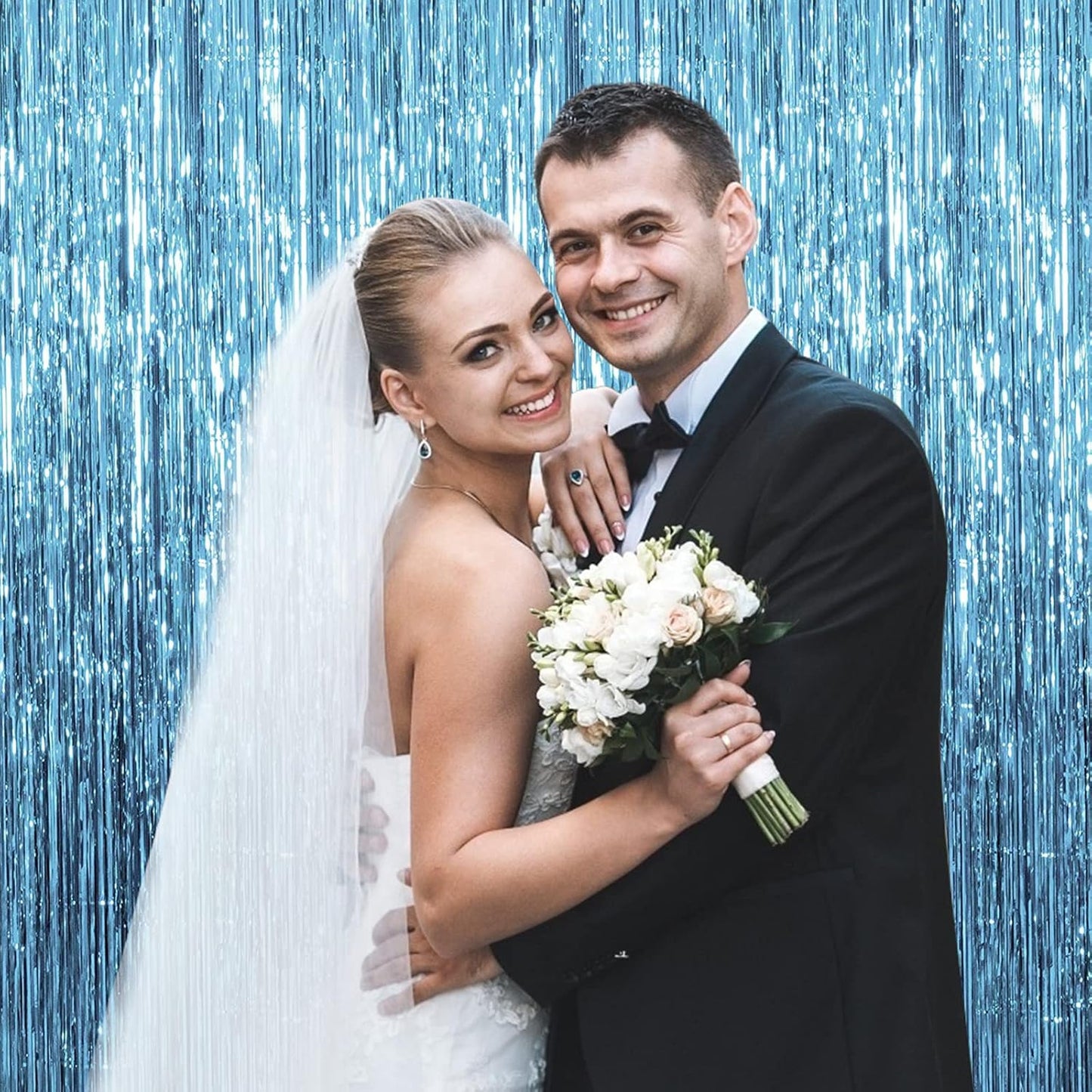 5 Pack Foil Curtain Backdrop Blue Metallic Tinsel Foil Fringe Curtains Photo Booth Props for Birthday Wedding Engagement Baby Shower Bachelorette Christmas Holiday Celebration Party Decorations