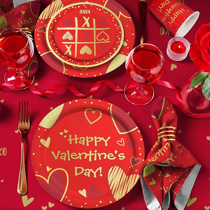 Valentine's Day Party Supplies Red Heart Love Disposable Paper Plates Napkins Cups plastic Tablecloth for Valentine's Day, Engagements, Anniversary, Birthday Party Serve 25