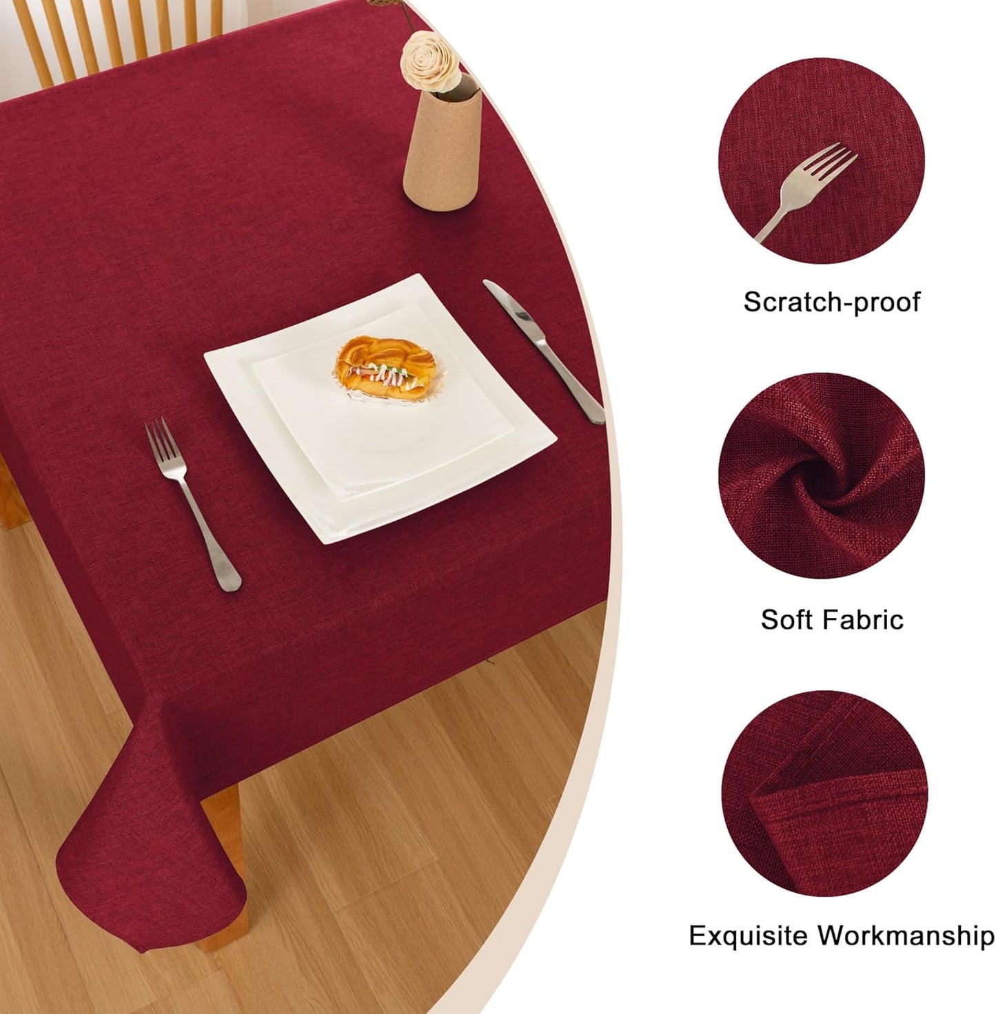 Hiasan Faux Linen Rectangle Tablecloth - Wrinkle and Stain Resistant Washable Table Cloth for Kitchen Dining Room Holiday Table Cover for Dinner, Red, 60 x 140 Inch