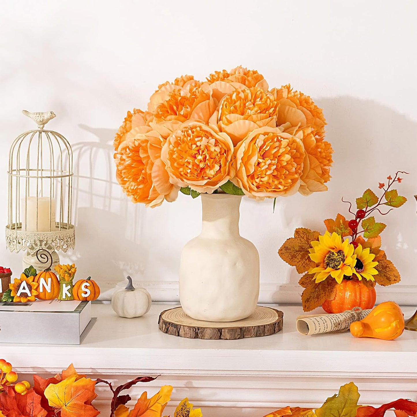 U'Artlines Artificial Peony Silk Flower with Stems 10pcs Real Look Vintage Peonies for Home Wedding Decoration (Orange)