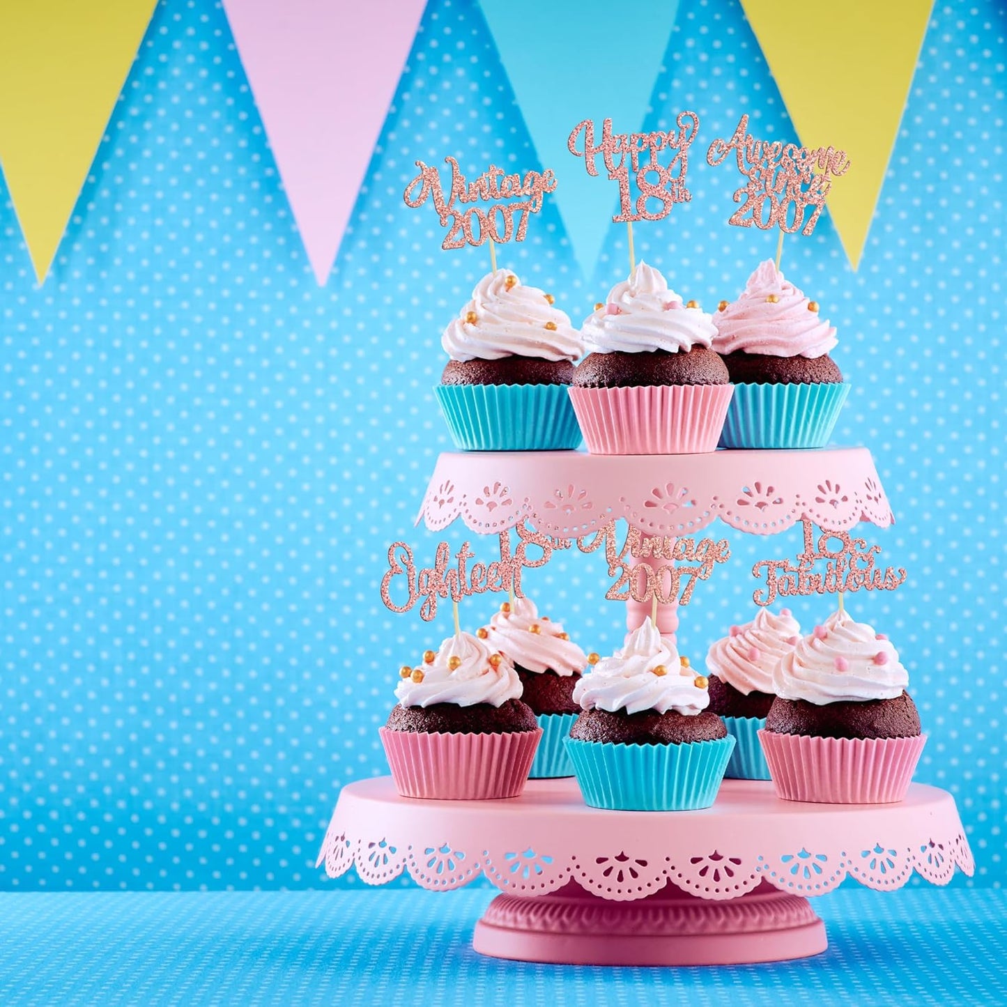30Pcs Vintage 2007 Cupcake Toppers Glitter Eighteen 18 Fabulous Happy 18th Birthday Cupcake Picks Cheers to 18 Years for 18th Birthday Anniversary Party Cake Decorations Supplies Rose Gold