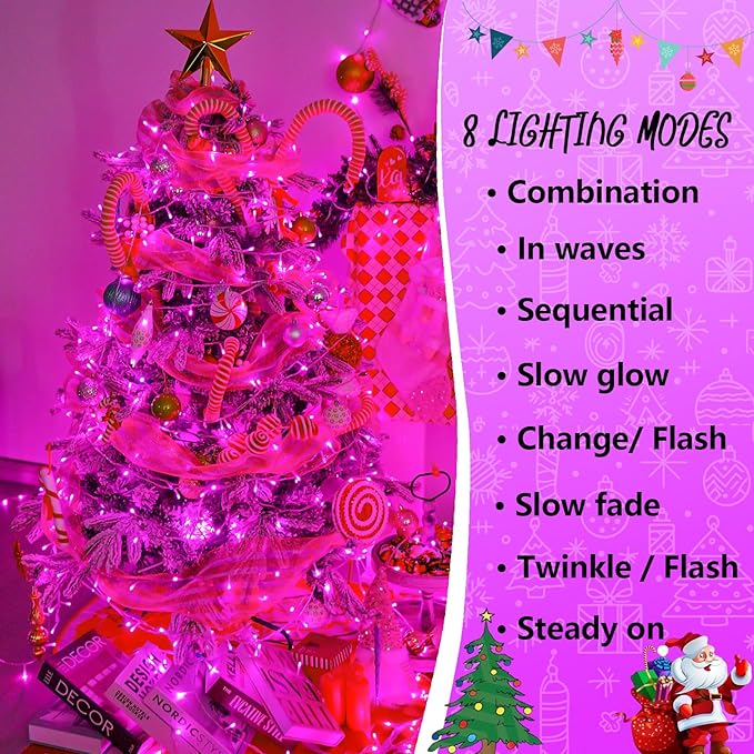 YEGUO Pink Christmas Lights Outdoor Waterproof, 165ft 500 LED String Lights Indoor, 8 Modes Clear Wire Fairy Light Plug in for Party Tree Valentines Wedding