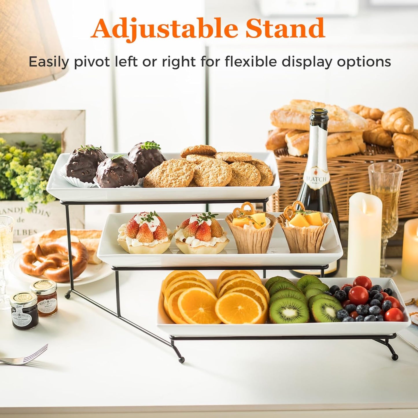 YHOSSEUN 3 Tier Serving Stand Tiered Tray Stand with 3 Porcelain Serving Platters Trays for Dessert Server Display Collapsible Sturdier Metal Rack 14 inch