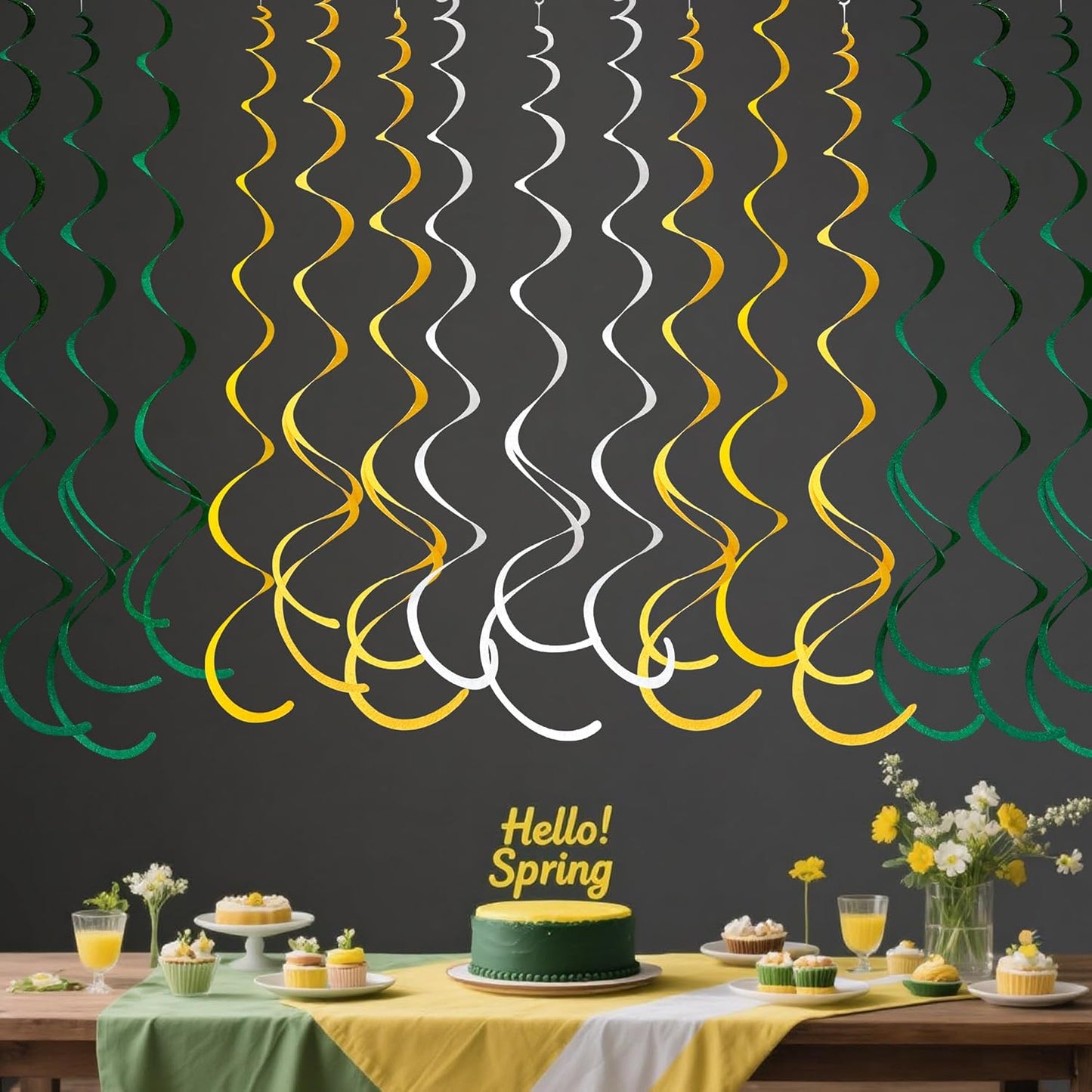 36 Pcs Green Yellow White Hanging Swirl Decorations Felt Swirl Streamer Spiral Ceiling Garland Banner for Graduation Birthday Wedding Retirement Baby Shower Spring Summer Garden Party Decor Supplies
