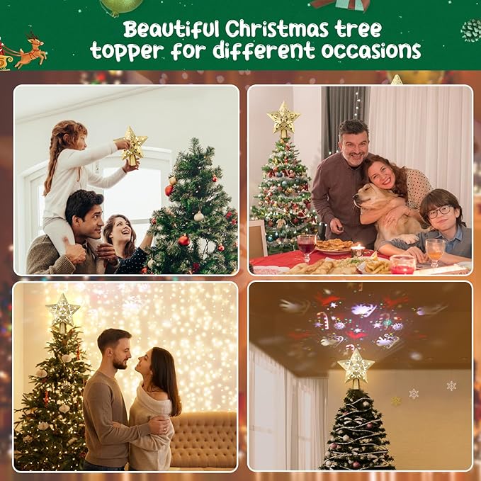 Christmas Tree Topper, Christmas Star Tree Topper Built-in LED Rotating Lights, Plug in 3D Golden Glittered Star Tree Topper for Xmas Party Holiday Decorations