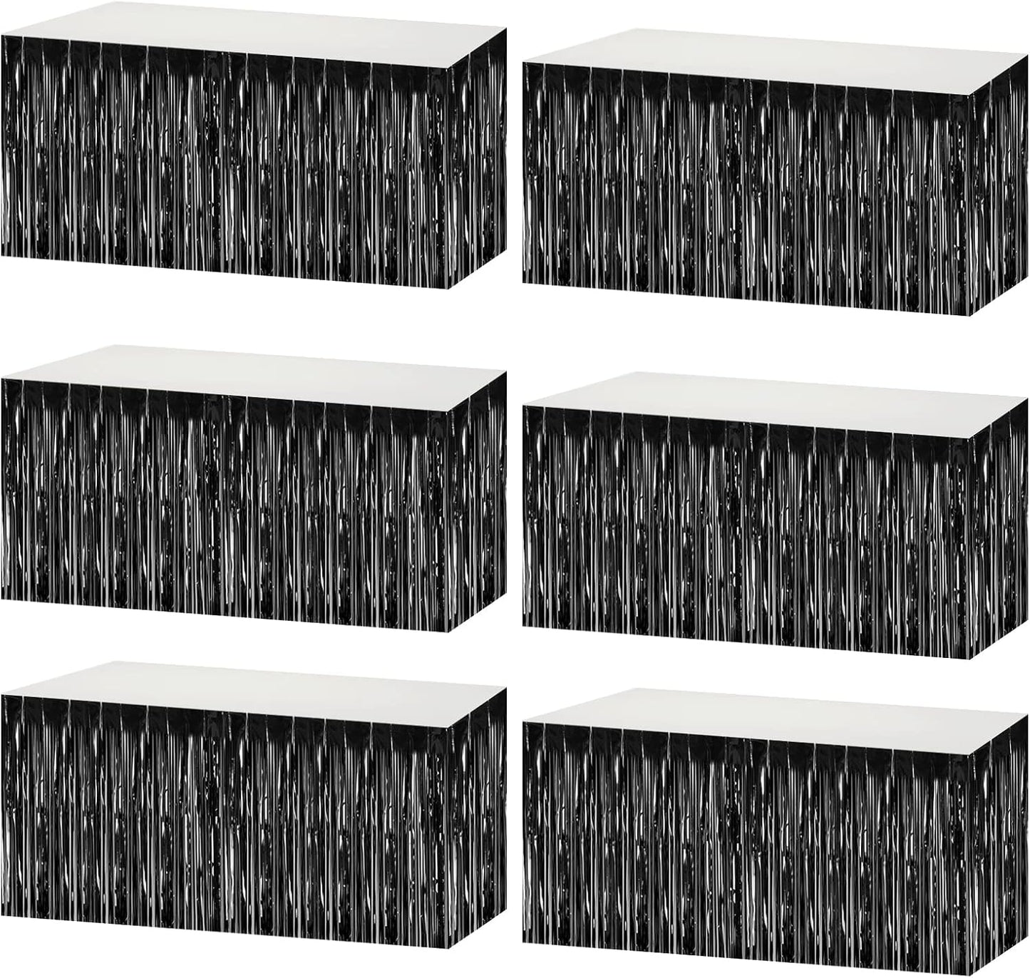 6 Pack 29x108 Inch Metallic Foil Fringe Tinsel Table Skirts Banner for Rectangle Tables Streamer Garland Curtains Backdrop for Wedding, Birthday, Parade Floats, Christmas Party Decoration(Black)
