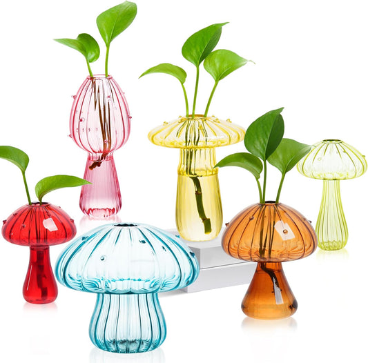 Plant Propagation Station, Set of 6 Colored Mushroom Vase, Propagation Stations, Small Plant Terrarium, Unique Crystal Mushroom Jars for Plants for Hydroponics Home Garden Office Decoration (Colorful)