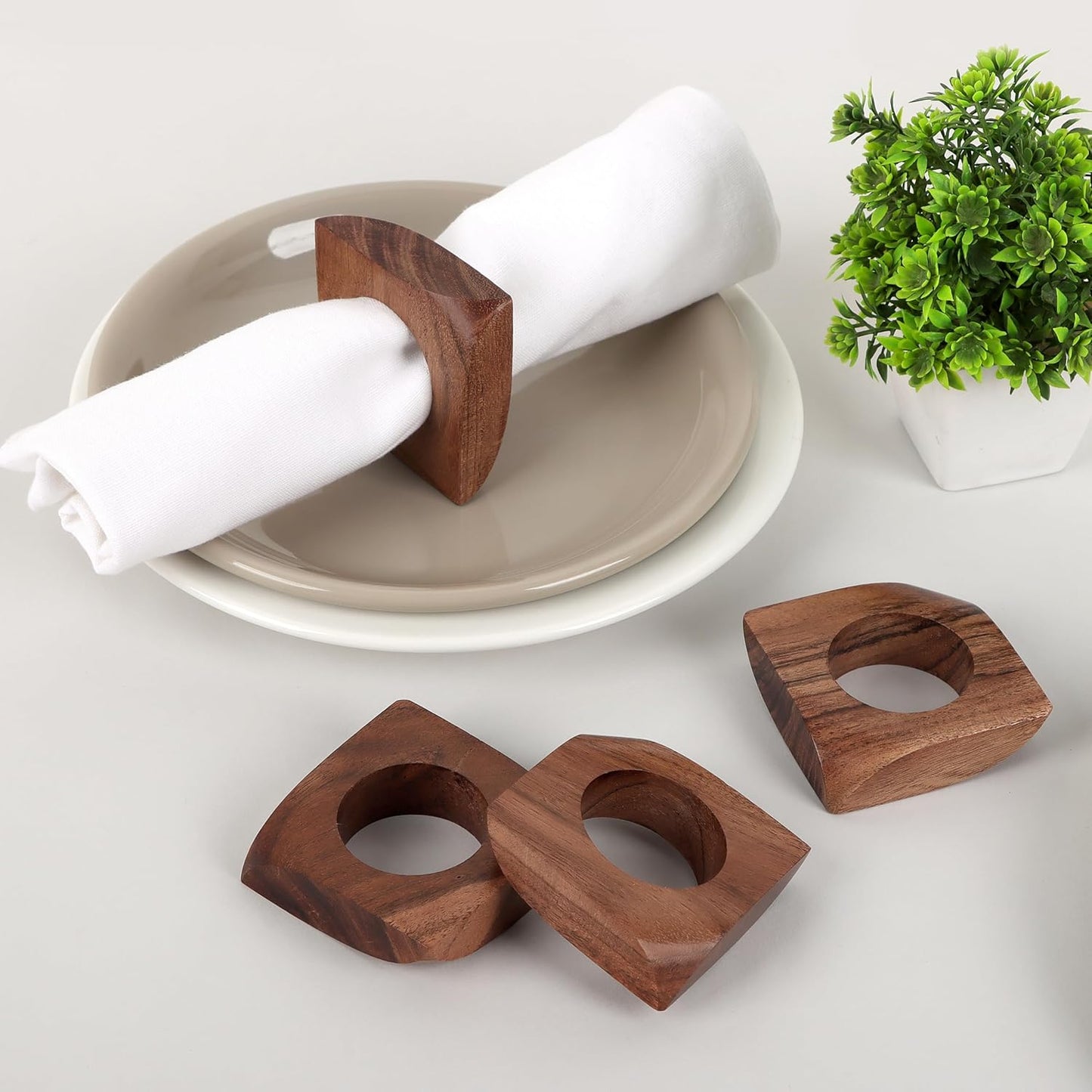 Wooden Napkin Rings Set of 12 Fall Decor for Home Square Acacia Wood Napkin Holders for Dining Table Settings Wood Napkin Ring Rustic Table Décor for Weddings, Parties, and Everyday Use - CLEENTABLE
