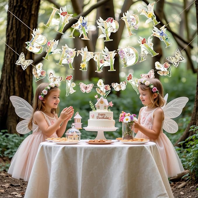 Sunbeauty Wildflower Butterfly Happy Birthday Banner | Garden Party Decoration | Floral Birthday Decorations | Pre-Strung