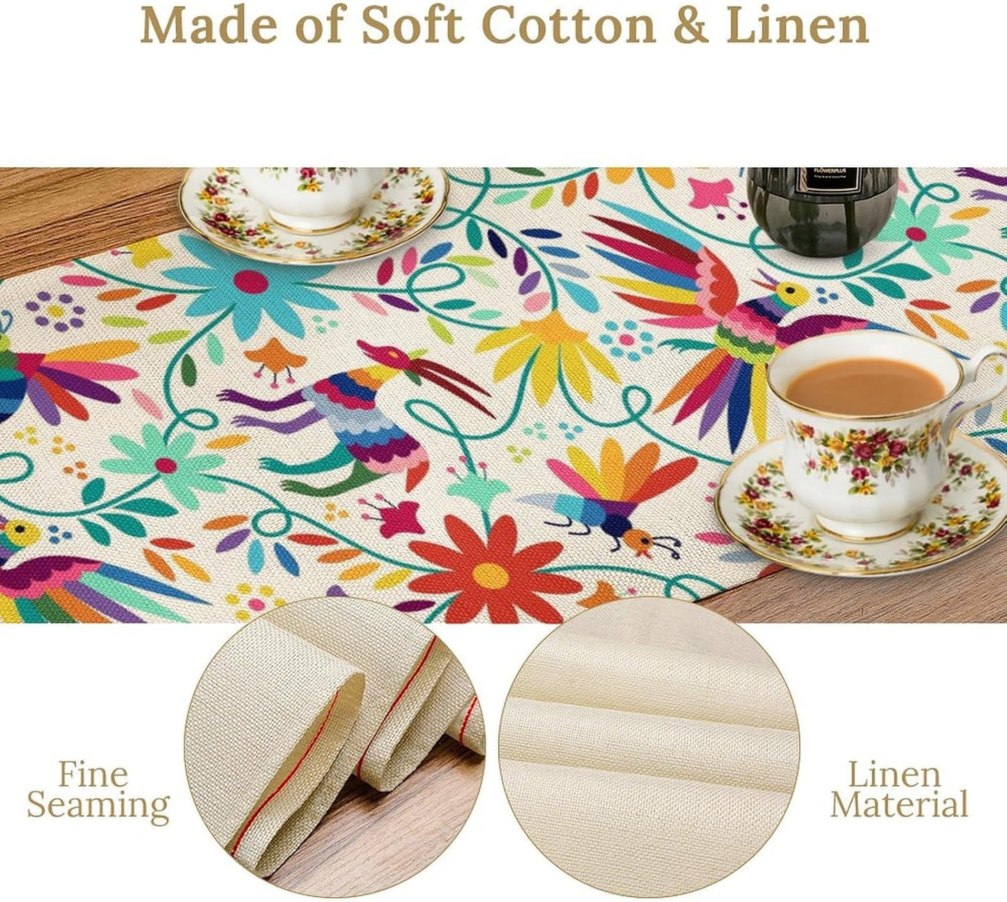 Mexican Table Runner,Boho Colorful Nature Inspired Flowers and Birds Table Cloth Kitchen Dining Table Home Party Decoration 13x72 Inch