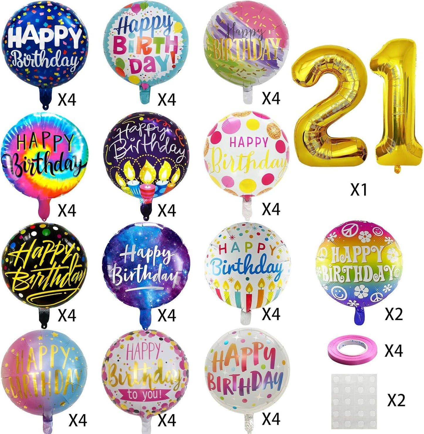 50 Pcs Happy Birthday Party Aluminum Foil Balloons and 21th Birthday Balloons, 18 Inch Round Aluminum Foil Balloon with" Happy Birthday" Sign, Birthday Party Decorations for Boys/Girls (Yellow, 21)