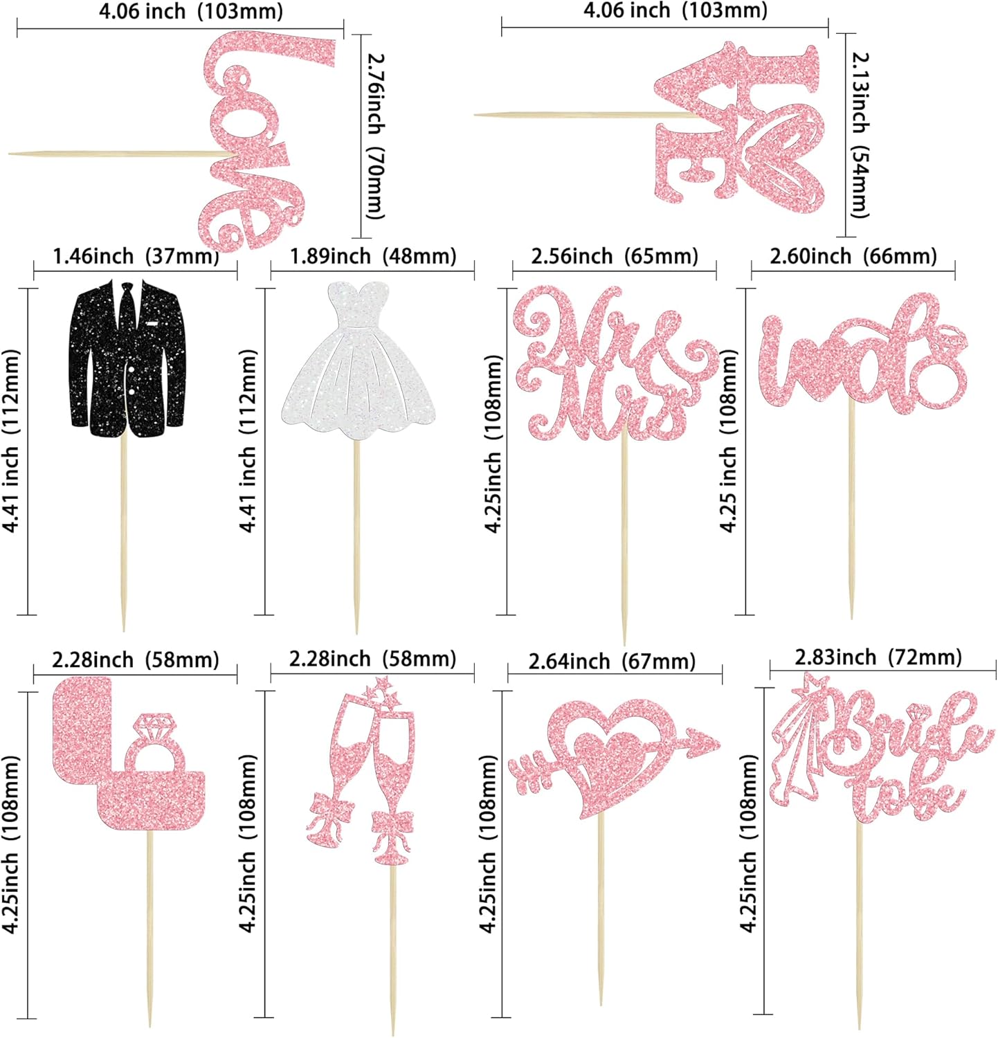 Ephlyn 30Pcs Bride to be Cupcake Toppers Glitter Wedding Cake Topper Decorations I Do Love Heart Ring Cupcake Picks for Bridal Shower Wedding Engagement Party Supplies Pink