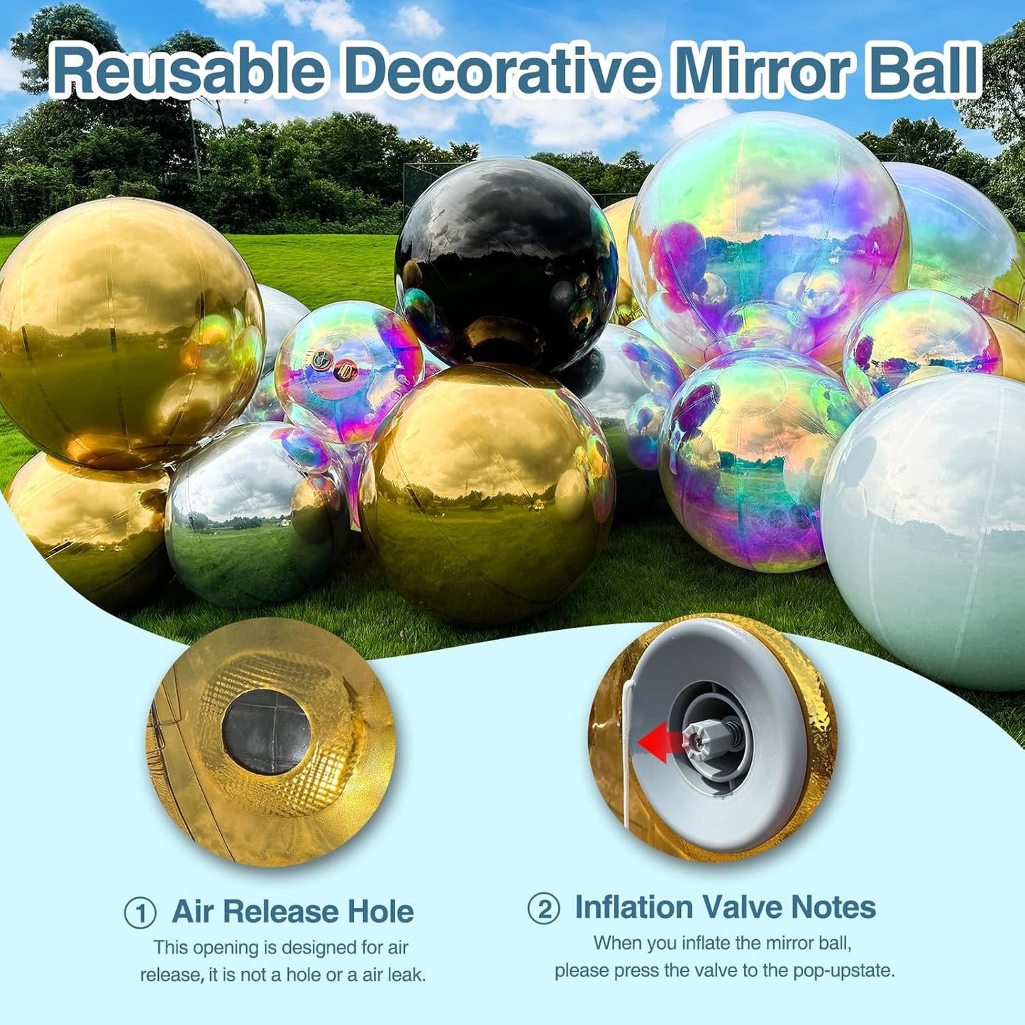 2PCS 19.7in Silver Inflatable Mirror Ball, Big Shinny Balls Reusable Large PVC Disco Ball Balloon for Large Event Decoration, Party, Concerts, Stage, Wedding Decor, Without Air Pump