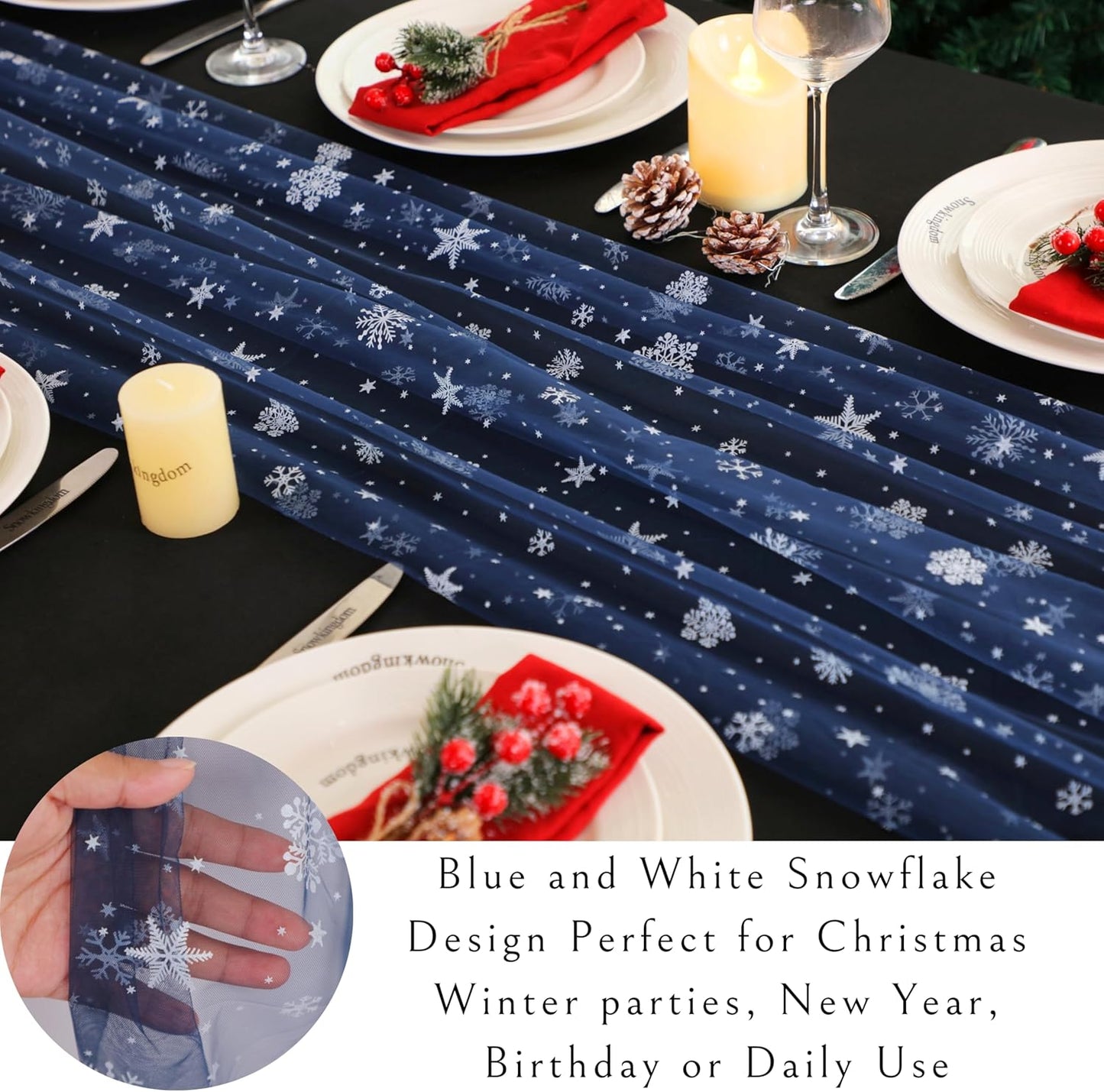 Snowkingdom Christmas Table Runner, Navy Blue Snowflake Cheesecloth Sheer Chiffon Gauze Table Runner, 120 Inch Seasonal Winter Holiday Kitchen Dining Decorations for New Year Home Party Decor